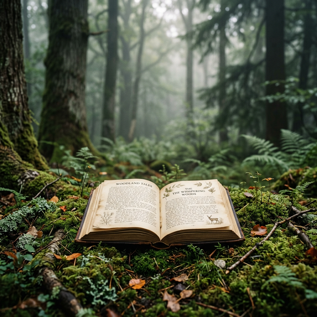 Open book titled 'Woodland Tales' and 'The Whispering Woods' resting on moss and leaves in a foggy forest
