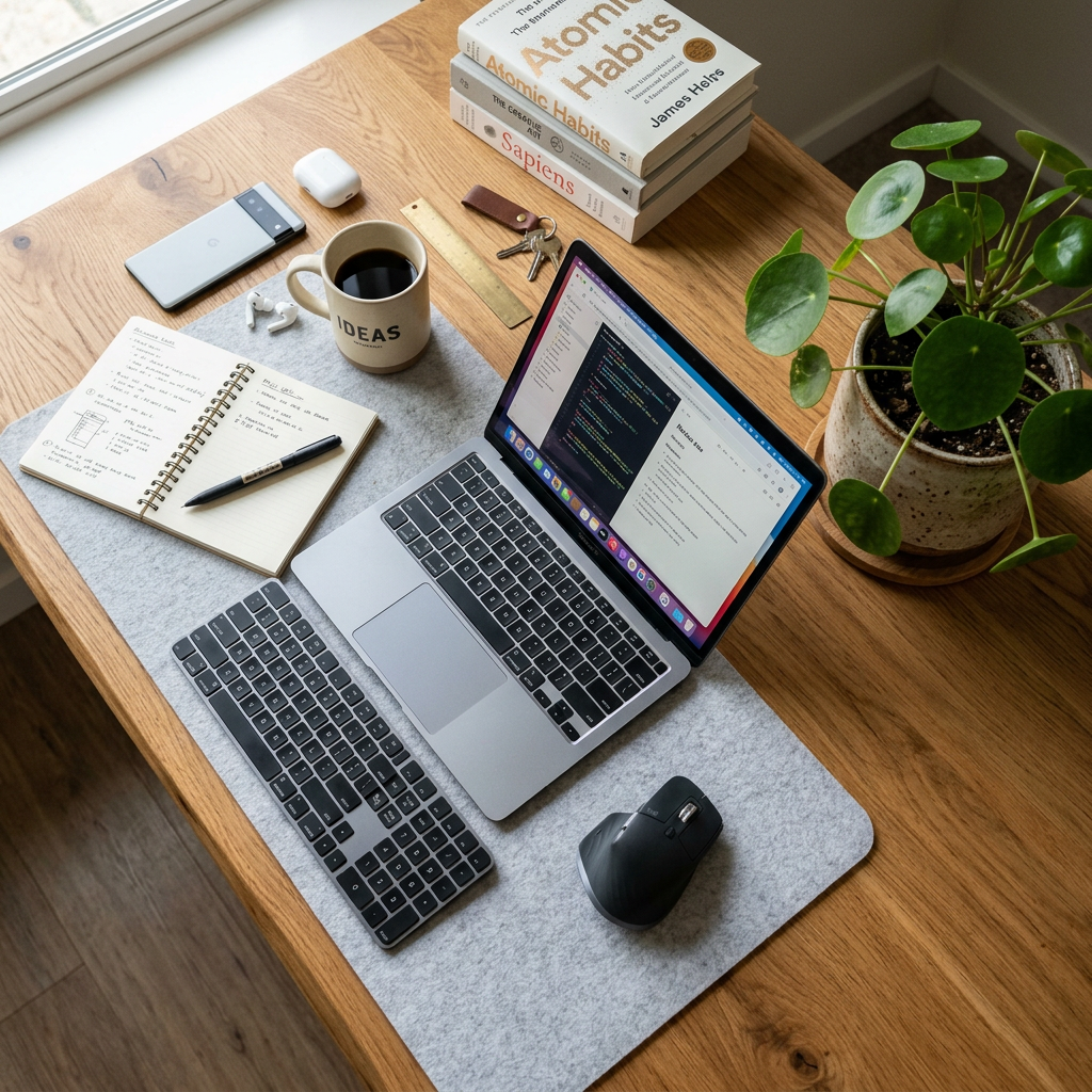 Workspace setup with laptop, keyboard, notebook, coffee mug, smartphone, and green plant